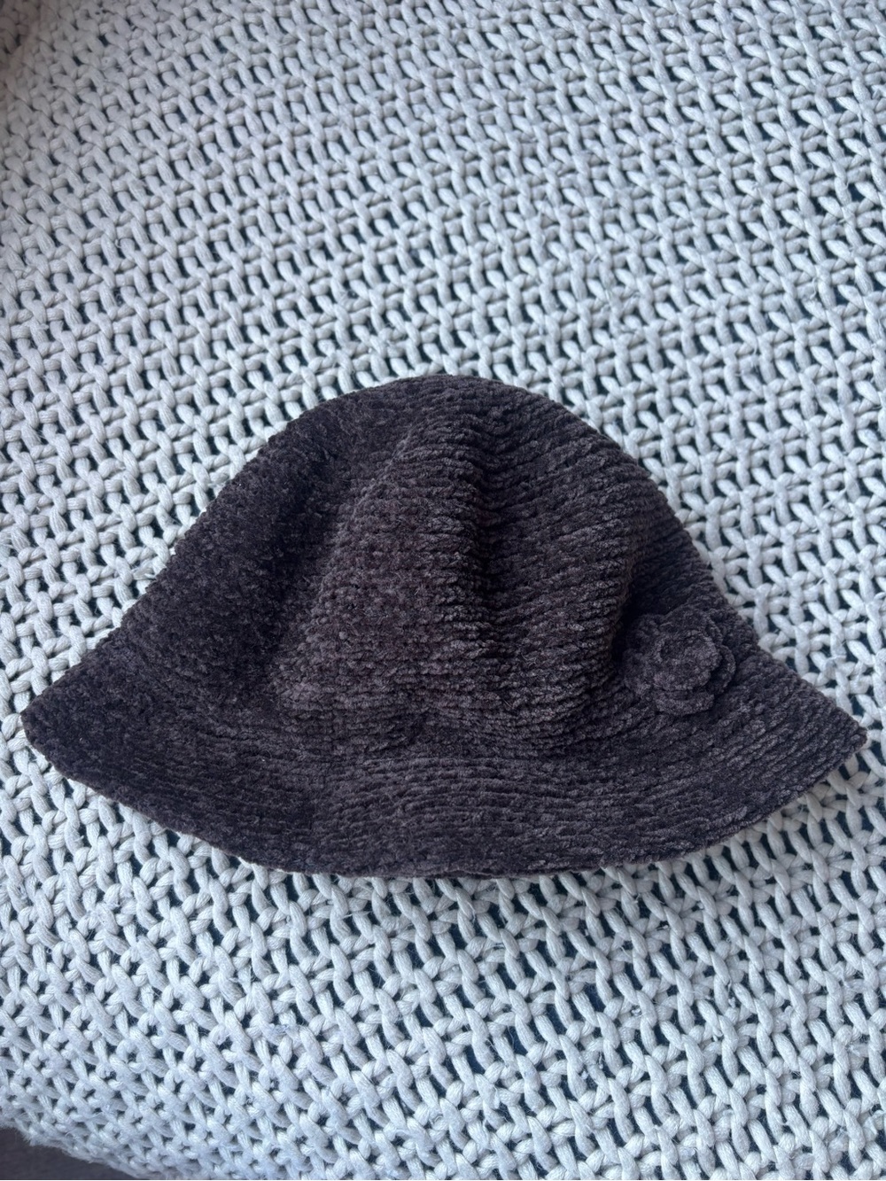Vintage Fall Charcoal Knit Bucket Hat with Flower Accent